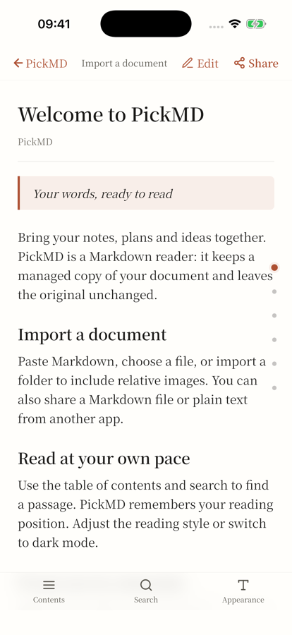 The real Markdown reading screen in PickMD for iPhone